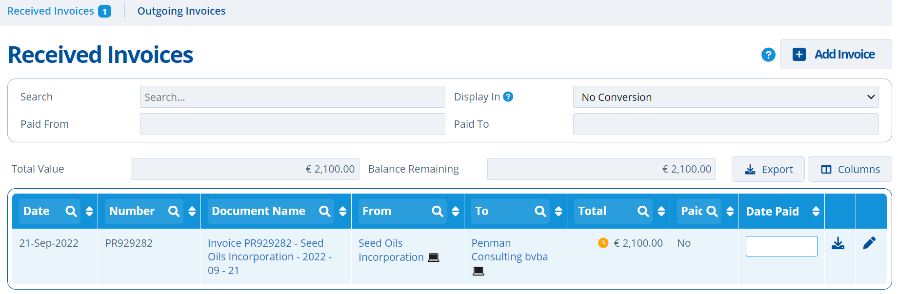 invoices tab